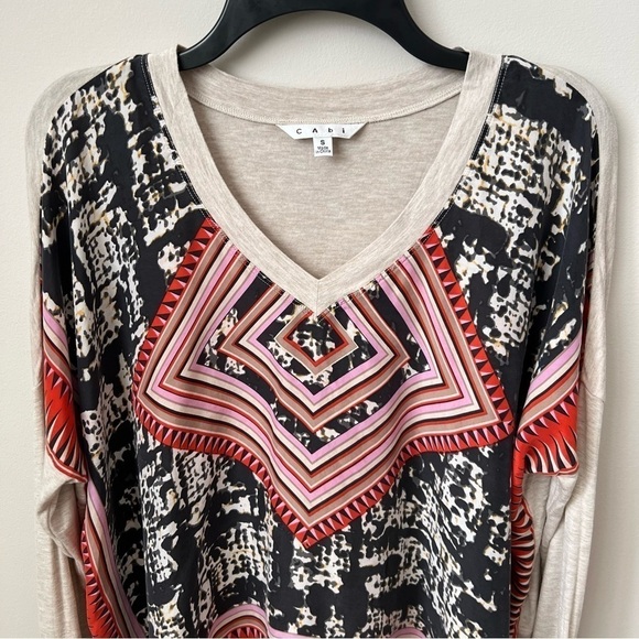 CAbi Aztec Print Silk Scarf Handkerchief Top Long Sleeve V-Neck Loose Fit Boho M - Picture 3 of 10